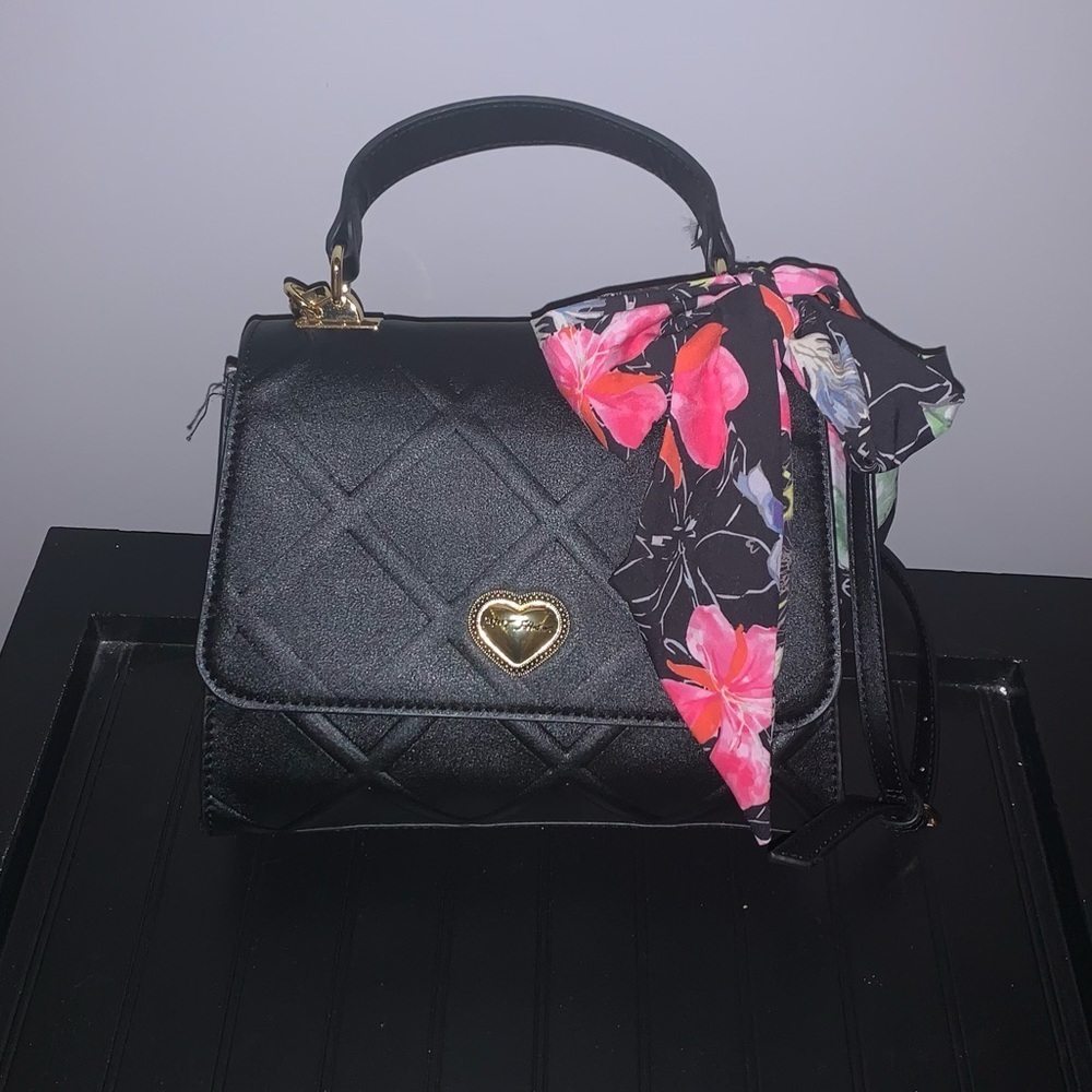 Betsey Johnson Black Quilted Heart Crossbody Bag with Floral Scarf Accent